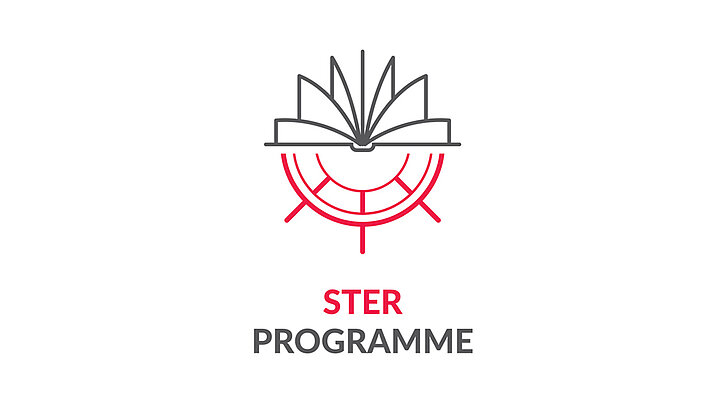 The logotype is composed on the upper half of the book and on the bottom of the steering wheel. Under the graphic text "PROGRAM STER"